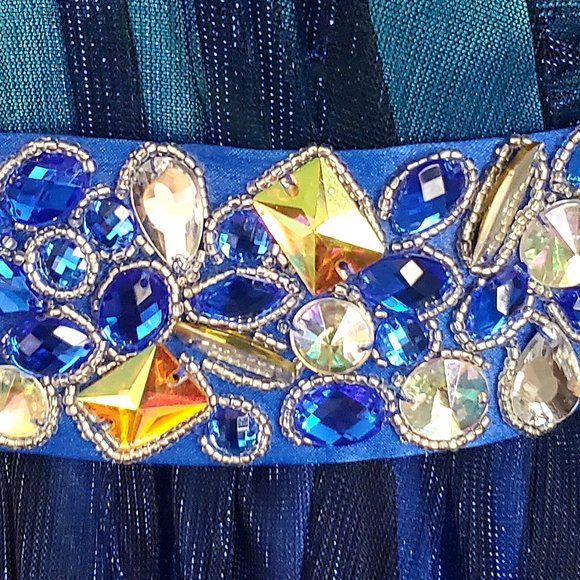 Designer Cobalt Blue Strapless Gown Dress Shimmer Sheer Overlay Faux Stones Cute - Picture 4 of 9